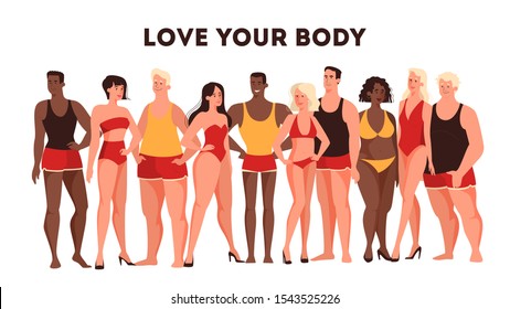 Vector illustration for concept of bodypositive. Female and male character of different body types standing together in their underwear. A company of multicolored and multisized people.