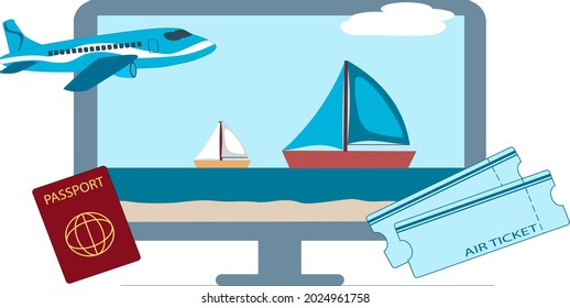 Vector illustration. Concept for booking air tickets online, planning a tourist trip