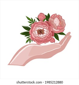 Vector illustration of a concept a bouquet of peonies  on the palm of a person in the form of safety and protection on a white isolated background