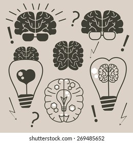 Vector illustration. Concept. The brain in glasses, light bulb, brain and heart.