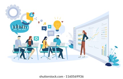 Vector illustration concept of brainstorming, research and development department. Creative flat design for web banner, marketing material, business presentation, online advertising.