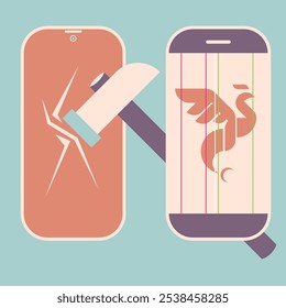 Una Ilustración vectorial con el concepto de un teléfono celular roto o dañado.