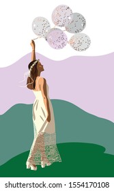 Vector illustration concept. Brunette beautiful women in white dress on heels isolated. Balloons in hands. Look up in sky. Violet green beige. Trendy flat style editable banner card poster clipart