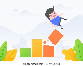 Vector illustration concept of business crisis. Young man falling from broken growth chart.