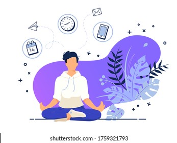 Vector illustration concept of business man practicing meditation in office. The man sits in the lotus position, the thought process, the inception and the search for ideas. Practicing Yoga at work