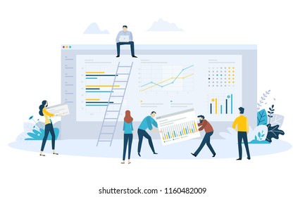 Vector illustration concept of business management software, statistics, trends and productivity, app development, data analysis. Creative flat design for web banner, business presentation.