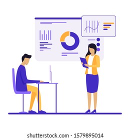 Vector illustration concept of business management software, statistics, trends and productivity, app development, data analysis. Creative flat design for web banner, business presentation.