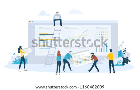 Vector illustration concept of business management software, statistics, trends and productivity, app development, data analysis. Creative flat design for web banner, business presentation.