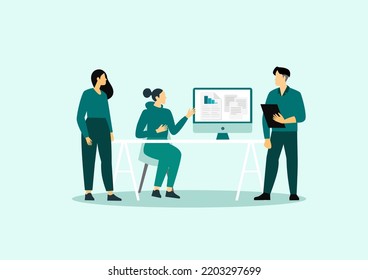 Vector illustration concept of business meeting, teamwork, training, improving professional skill. Creative flat design for web banner, marketing material, business presentation, online advertising.