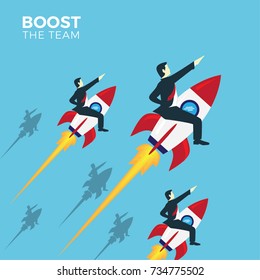 Vector illustration concept business men riding rocket 