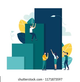 Vector illustration, concept of business motivation and ambition, business team overcomes obstacles and achieves success