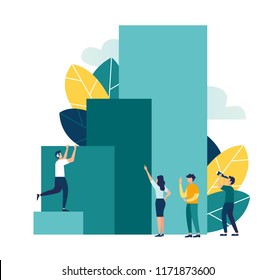 Vector illustration, concept of business motivation and ambition, business team overcomes obstacles and achieves success