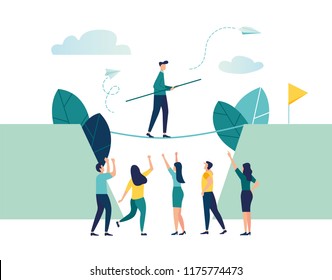 Vector illustration, concept of business motivation and ambition, business team overcomes obstacles and achieves success
