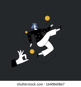 Vector illustration, concept of business motivation and ambition, a big hand gives a person a push to do things, makes a person earn more money,overcomes obstacles and achieves success