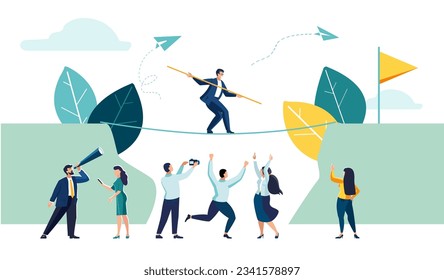 Vector illustration, concept of business motivation and ambition, business team overcomes obstacles and achieves success. Teamwork, People, girls, businessmen develop startup, banner, poster, green