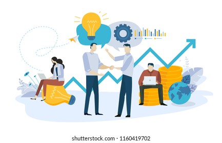 Vector illustration concept of business plan, startup, big idea, investment, crowdfunding, partnership, launch product or service. Creative flat design for web banner, business presentation.