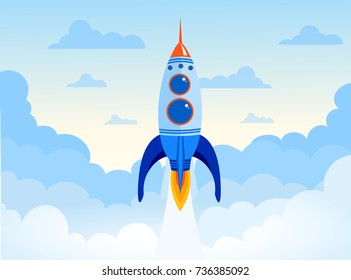 Vector illustration concept of business start up of the space rocket. Rocket ship in the sky with clouds in flat design.