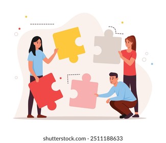 Vektorgrafik-Konzept eines Business-Teams mit Puzzles. Cartoon-Szene der Teamarbeit von Jungen und Mädchen, die farbige Rätsel halten, Zusammenstellen von Rätsel einzeln auf weißem Hintergrund. Geschäftspartnerschaft.