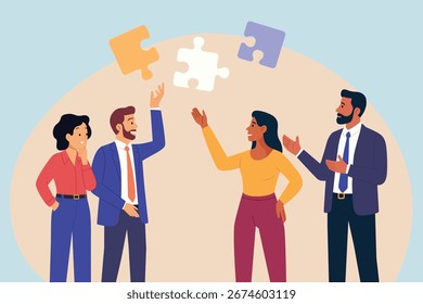 Una Ilustración vectorial del concepto de trabajo en equipo de negocios que resuelve un rompecabezas