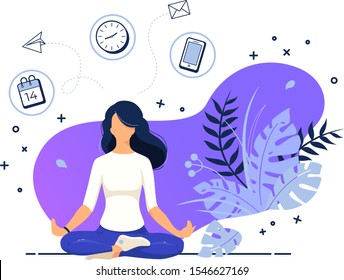 Vector illustration concept business woman practicing yoga and meditation in office. The girl sits in the lotus position, the thought process, the inception and the search for ideas. Time management