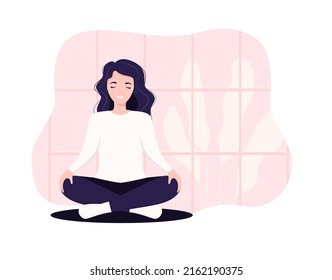 Vector illustration concept business woman practicing yoga and meditation in office. 
