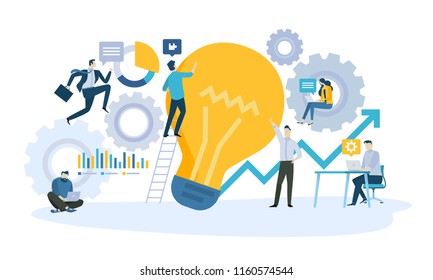 Vector illustration concept of business workflow, from idea to product or service. Creative flat design for web banner, marketing material, business presentation, online advertising.