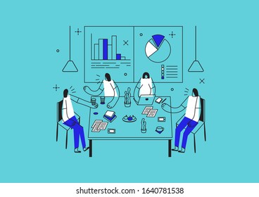 Vector illustration concept of business workflow and talking conference meeting. time management, planning, task app, teamwork, meeting. Brainstorm report planning.