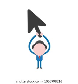Vector illustration concept of businessman character holding up black computer mouse cursor arrow icon.