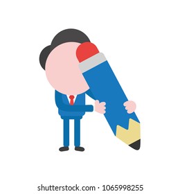 Vector illustration concept of businessman character holding blue pencil icon.