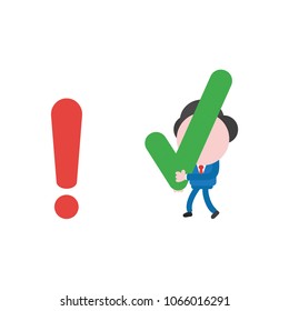 Vector illustration concept of businessman character walking and carrying green check mark icon to red exclamation mark.