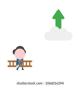 Vector illustration concept of businessman character carrying wooden ladder to reach arrow moving up on cloud icon.