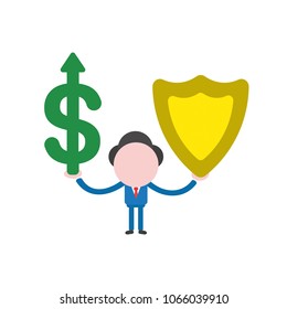 Vector illustration concept of businessman character holding green dollar symbol with arrow moving up and yellow shield guard icon.