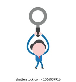 Vector illustration concept of businessman character walking and holding up magnifying glass icon.