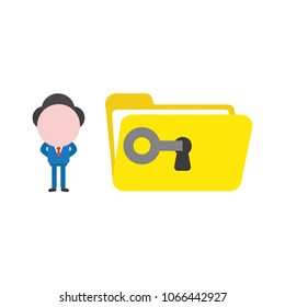 Vector illustration concept of businessman character unlock, open yellow file folder with key.