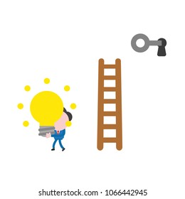 Vector illustration concept of businessman character climb to wooden ladder, unlock with key and take glowing light bulb idea.