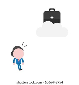 Vector illustration concept of businessman character looking black briefcase on gray cloud icon.