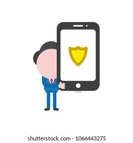 Vector illustration concept of businessman character holding smartphone with guard shield icon.