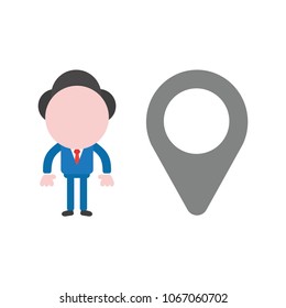 Vector illustration concept of businessman character with gray map pointer icon.