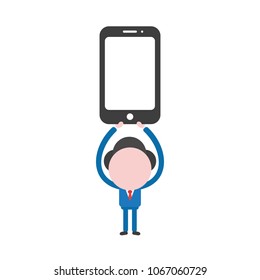 Vector illustration concept of businessman character holding up black smartphone icon.