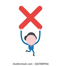 Vector illustration concept of businessman character running and holding up red x mark icon.