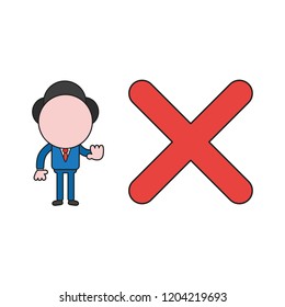 Vector illustration concept of businessman character with x mark and showing stop gesture. Color and black outlines.