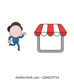 Vector illustration concept of businessman character running to shop store. Color and black outlines.