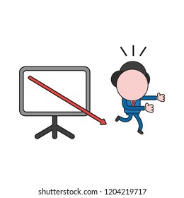 Vector illustration concept of businessman character running away from sales chart arrow moving down. Color and black outlines.
