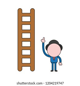 Vector illustration concept of businessman character with wooden ladder and pointing up. Color and black outlines.