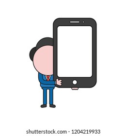 Vector illustration concept of businessman character holding smartphone. Color and black outlines.