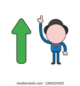 Vector illustration concept of businessman character with arrow pointing up. Color and black outlines.