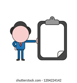 Vector illustration concept of businessman character holding clipboard with blank paper. Color and black outlines.