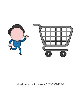 Vector illustration concept of businessman character running to shopping cart. Color and black outlines.