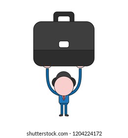 Vector illustration concept of businessman character holding up briefcase. Color and black outlines.