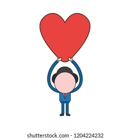 Vector illustration concept of businessman character holding up heart. Color and black outlines.